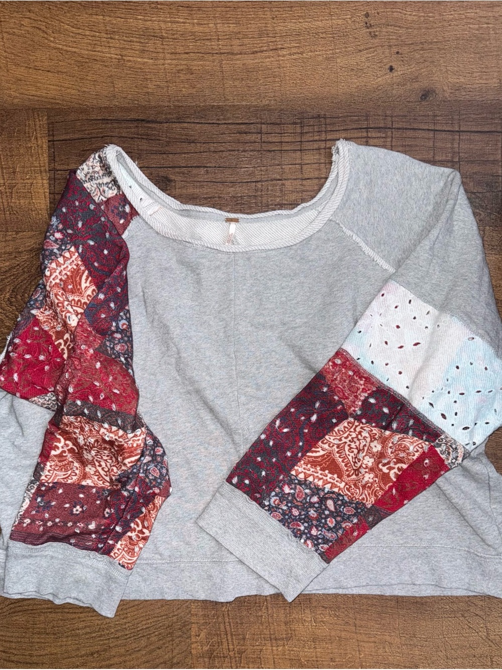Free People Gray Sweatshirt with Red Patchwork Sleeves